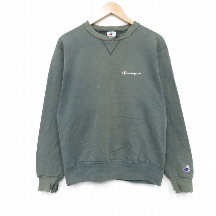M★古着 チャンピオン champion 長袖 スウェット メンズ 90年代 90s ワンポイントロゴ クルーネック 緑 グリーン 25oct01 中古 スエット トレーナー トップス