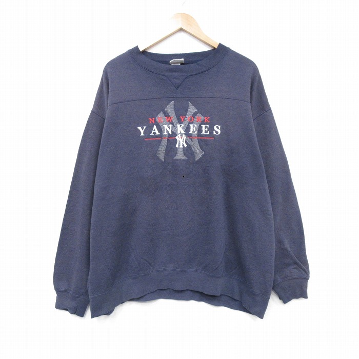 XL★古着 リー Lee 長袖 スウェット メンズ 00年代 00s MLB ニューヨークヤンキース 刺繍 大きいサイズ クルーネック 紺 ネイビー 25oct01 中古 スエット トレーナー トップス