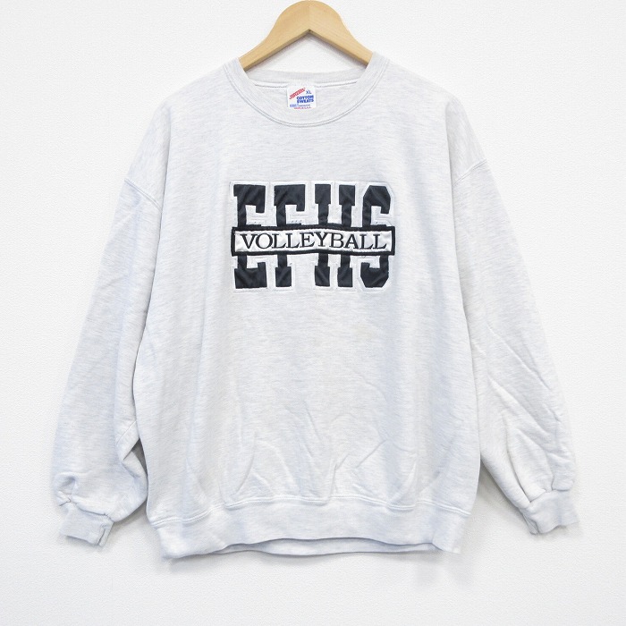 XL★古着 ジャージーズ 長袖 スウェット メンズ 90年代 90s バレーボール 刺繍 クルーネック USA製 薄グレー 霜降り 25oct01 中古 スエット トレーナー トップス