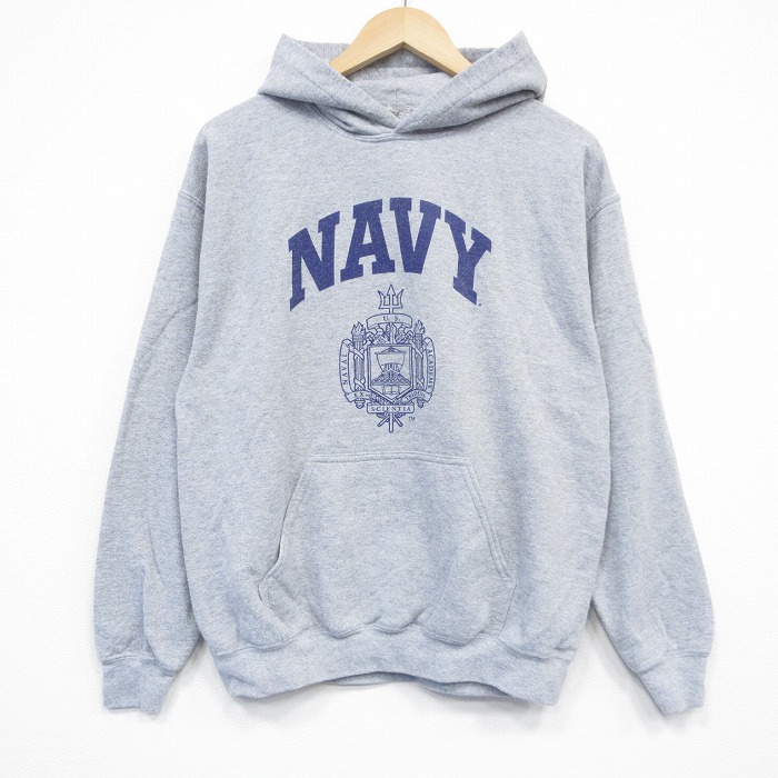 M★古着 長袖 スウェット パーカー メンズ ミリタリー ネイビー NAVY グレー 霜降り 25oct01 中古 スエット トレーナー トップス