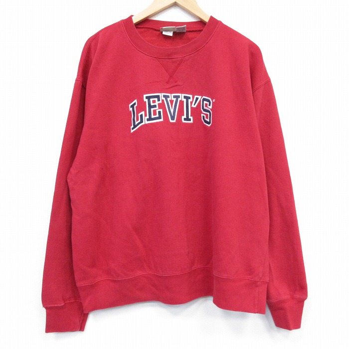 XL★古着 リーバイス Levis 長袖 スウェット メンズ ビッグロゴ 刺繍 大きいサイズ クルーネック 赤 レッド 25oct01 中古 スエット トレーナー トップス