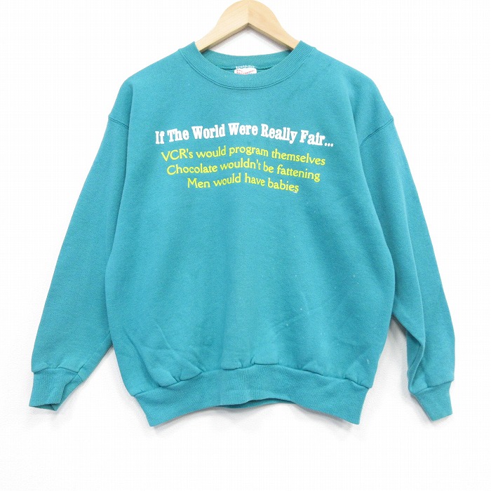 L★古着 ヘインズ Hanes 長袖 スウェット メンズ 00年代 00s メッセージ クルーネック 青緑 25oct01 中古 スエット トレーナー トップス