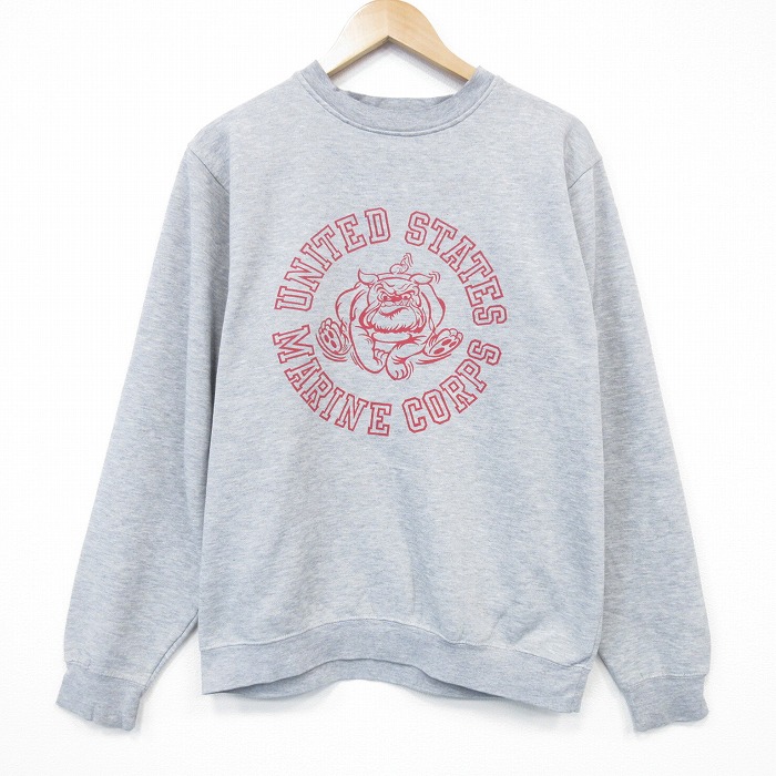M★古着 長袖 スウェット メンズ 00年代 00s ミリタリー USMC 両面プリント クルーネック グレー 霜降り 【spe】 25oct03 中古 スエット トレーナー トップス