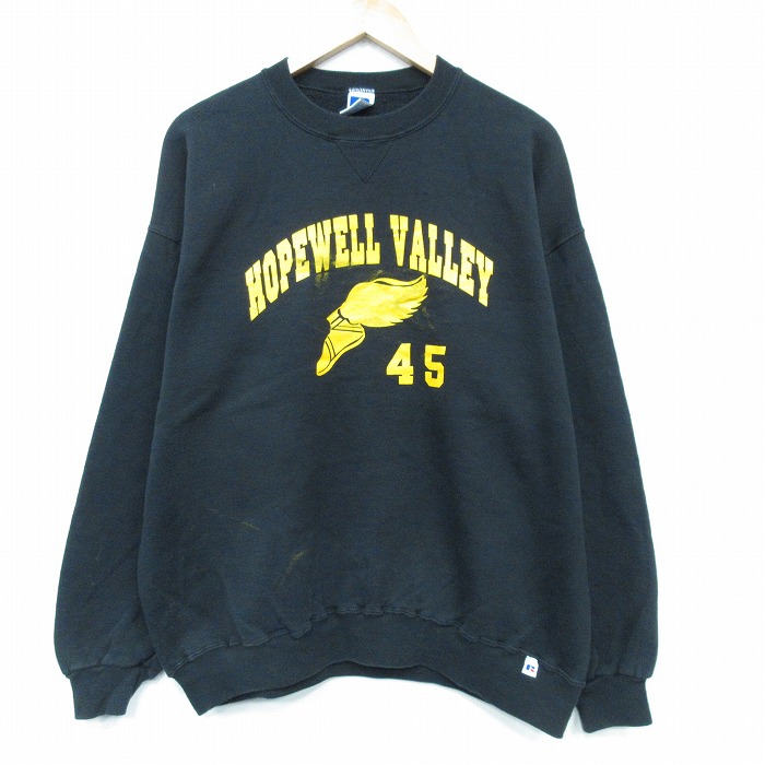 XL★古着 ラッセル 長袖 スウェット メンズ 90年代 90s ウィングフット クルーネック USA製 黒 ブラック 【spe】 25oct03 中古 スエット トレーナー トップス