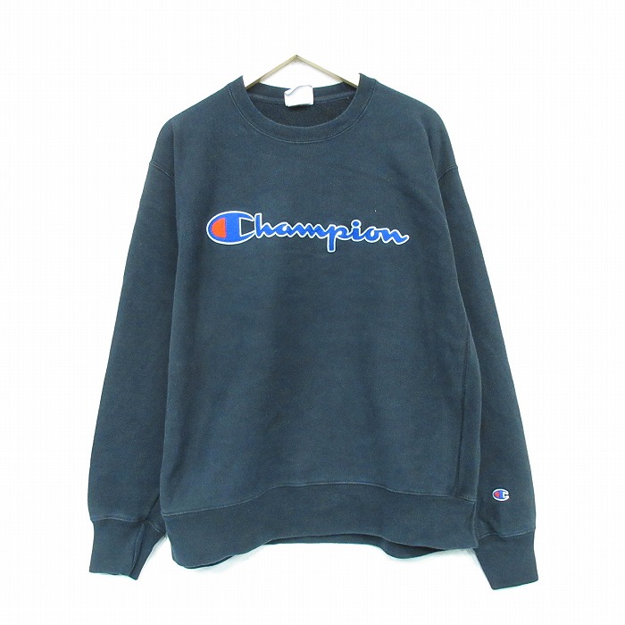 【20%OFF】XL★古着 長袖 チャンピオン Champion リバースウィーブ メンズ ビッグロゴ クルーネック 黒 ブラック 25oct03 中古 スエット トレーナー トップス