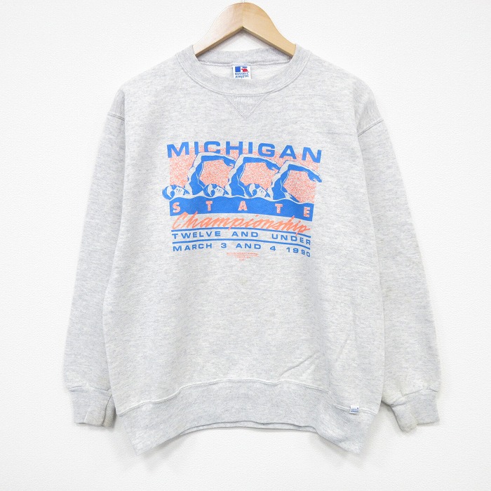 M★古着 ラッセル 長袖 スウェット メンズ 90年代 90s ミシガン クルーネック USA製 薄グレー 霜降り 25oct02 中古 スエット トレーナー トップス