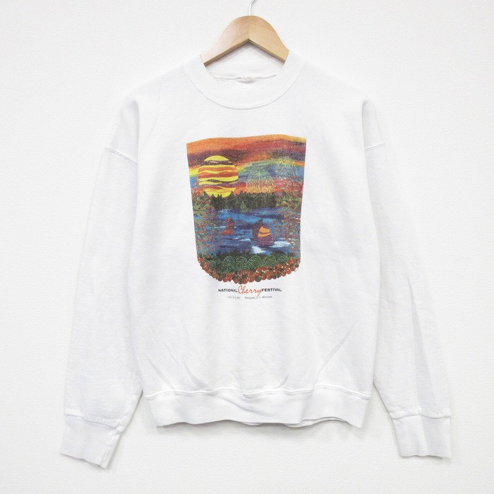 【20%OFF】L★古着 長袖 スウェット メンズ 90年代 90s チェリーフェスティバル クルーネック 白 ホワイト 25oct02 中古 スエット トレーナー トップス