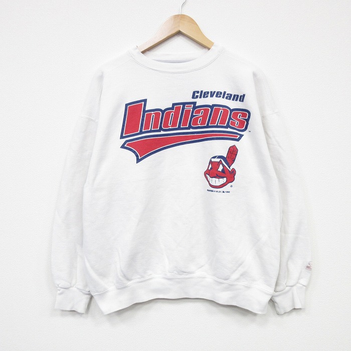 XL★古着 スターター STARTER 長袖 スウェット メンズ 90年代 90s MLB クリーブランドインディアンス ラグラン クルーネック USA製 白 ホワイト メジャーリーグ ベースボール 野球 25oct02 中古 スエット トレーナー トップス
