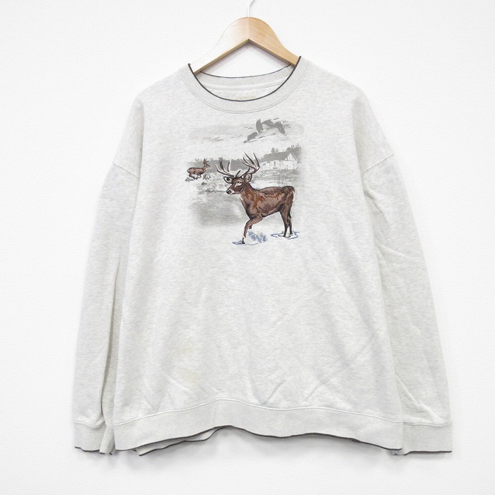 XL★古着 長袖 スウェット メンズ シカ 刺繍 大きいサイズ クルーネック 薄グレー 霜降り 25oct02 中古 スエット トレーナー トップス