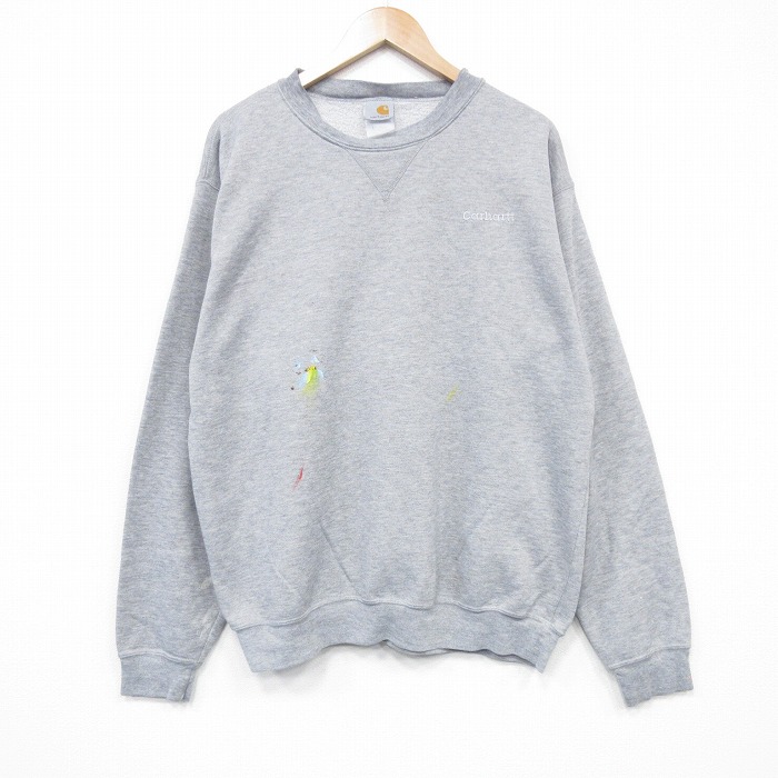 XL★古着 カーハート Carhartt 長袖 スウェット メンズ 00年代 00s ワンポイントロゴ クルーネック 薄グレー 霜降り 25oct02 中古 スエット トレーナー トップス