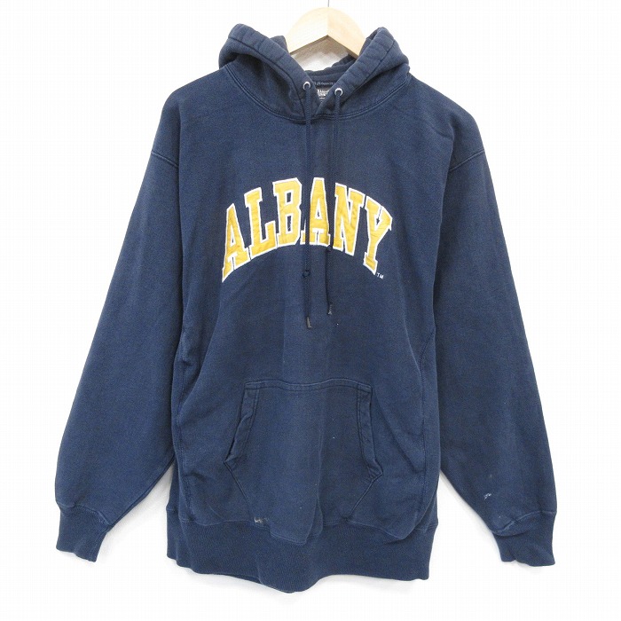 L★古着 STEVE&BARRYS 長袖 スウェット パーカー メンズ ALBANY 刺繍 紺 ネイビー 25oct02 中古 スエット トレーナー トップス