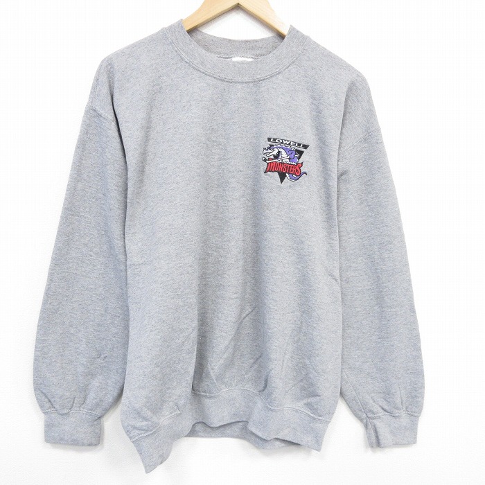 L★古着 長袖 スウェット メンズ 00年代 00s アイスホッケー クルーネック グレー 霜降り 25oct02 中古 スエット トレーナー トップス