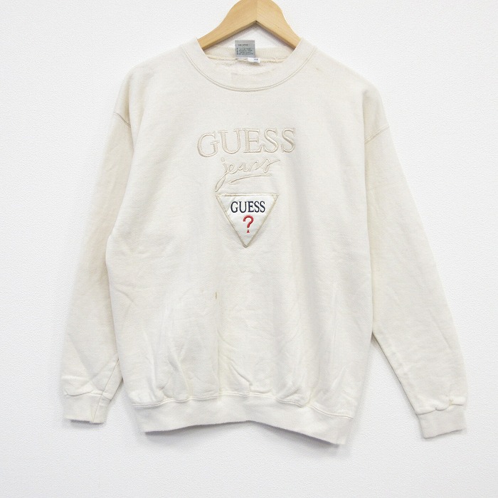 【50%OFF】ゲス 90s 長袖スウェット ビッグロゴ刺繍 生成り ベージュ M | 古着