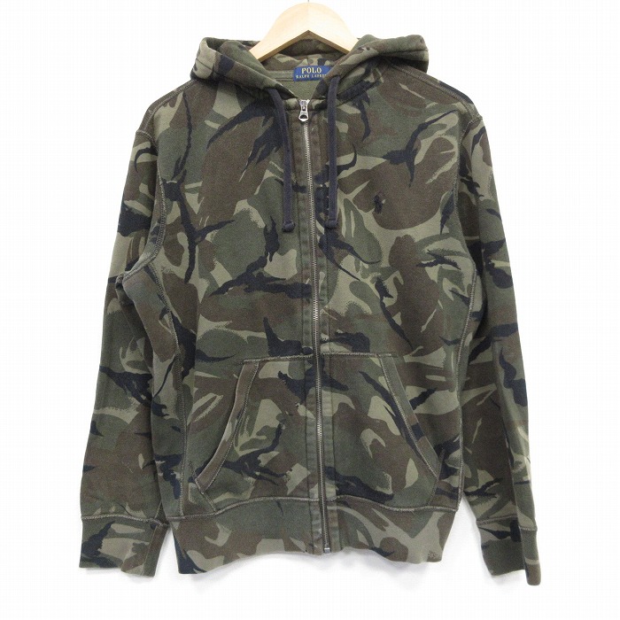 L★古着 ラルフローレン Ralph Lauren 長袖 ブランド フルジップ スウェット パーカー メンズ ワンポイントロゴ 茶他 ブラウン 迷彩 25oct04 中古 スエット トレーナー トップス