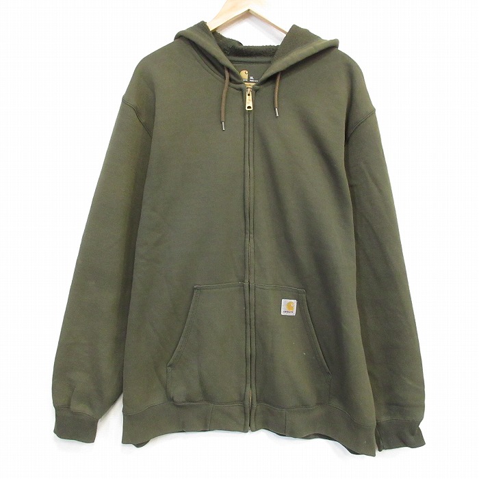 XL★古着 カーハート Carhartt 長袖 フルジップ スウェット パーカー メンズ 大きいサイズ 濃緑 グリーン 25oct03 中古 スエット トレーナー トップス