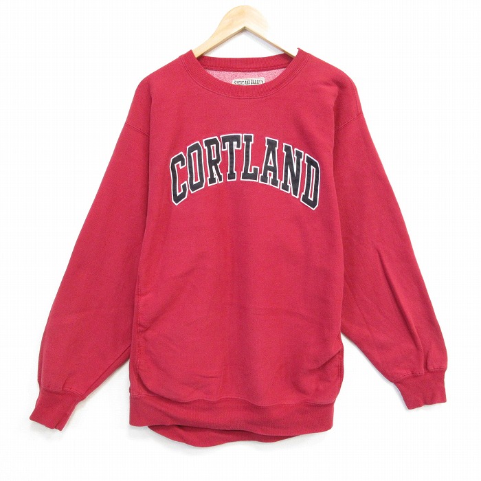 XL★古着 STEVE&BARRYS 長袖 スウェット メンズ CORTLAND 刺繍 クルーネック 赤 レッド 25oct03 中古 スエット トレーナー トップス