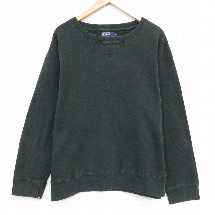 XL★古着 ラルフローレン Ralph Lauren 長袖 ブランド スウェット メンズ 90年代 90s ワンポイントロゴ 大きいサイズ クルーネック 濃緑 グリーン 25oct03 中古 スエット トレーナー トップス