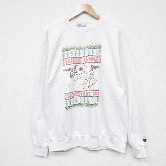 L★古着 チャンピオン champion 長袖 スウェット メンズ チキンドッグ クルーネック 白 ホワイト 25oct04 中古 スエット トレーナー トップス