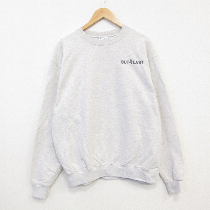 L★古着 チャンピオン champion 長袖 スウェット メンズ OUT EAST クルーネック 薄グレー 霜降り 25oct04 中古 スエット トレーナー トップス