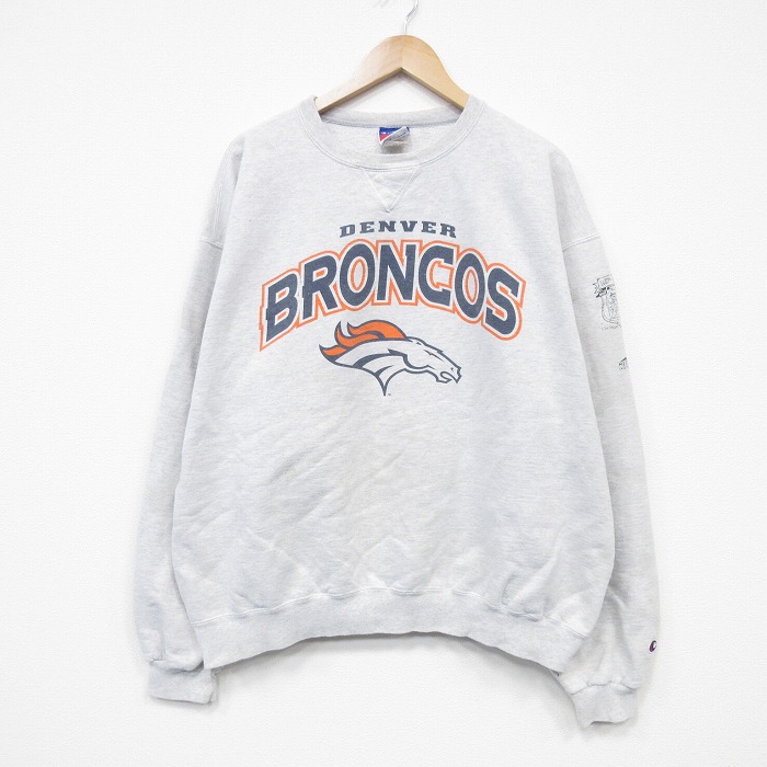 XL★古着 チャンピオン champion 長袖 スウェット メンズ 00年代 00s NFL デンバーブロンコス 大きいサイズ クルーネック 薄グレー 霜降り アメフト スーパーボウル 25oct04 中古 スエット トレーナー トップス