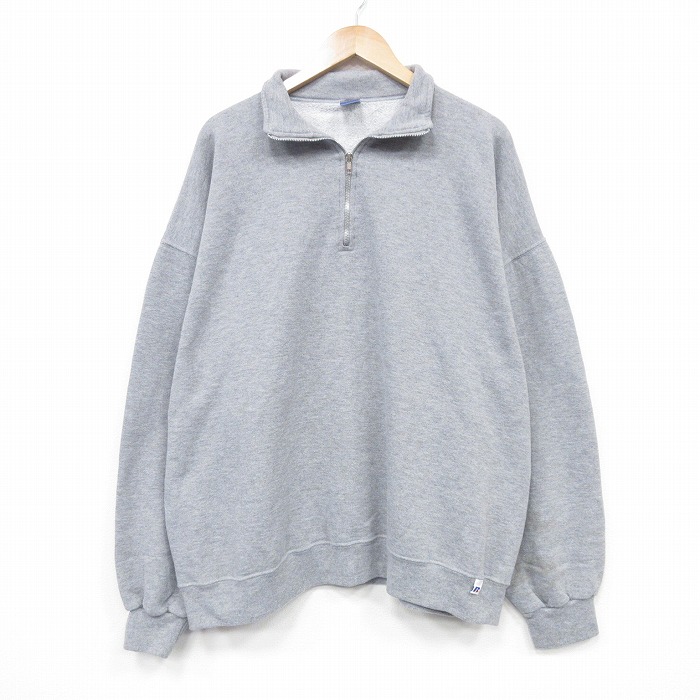 XL★古着 ラッセル 長袖 ハーフジップ スウェット メンズ 無地 大きいサイズ グレー 霜降り 25oct04 中古 スエット トレーナー トップス