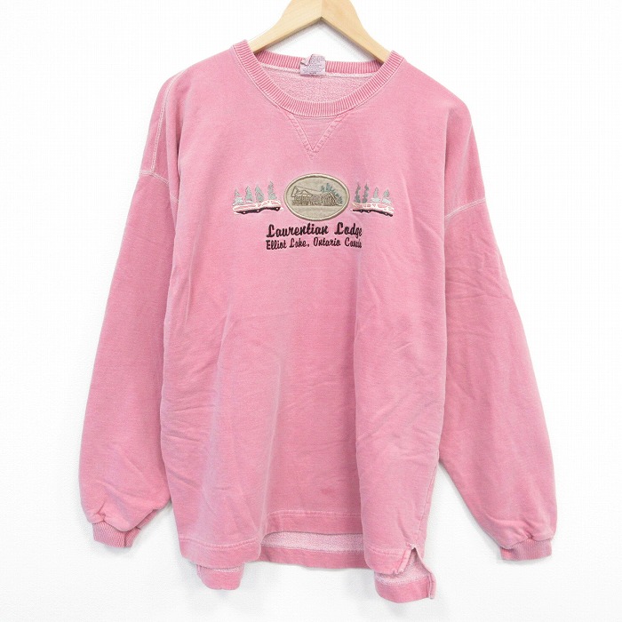 XL★古着 長袖 スウェット メンズ 90年代 90s 刺繍 コットン クルーネック カナダ製 ピンク 25oct07 中古 スエット トレーナー トップス