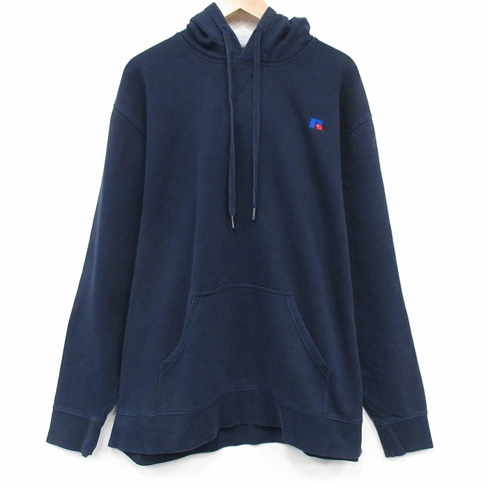 ラッセル 長袖パーカー ワンポイントロゴ ネイビー XL | 古着