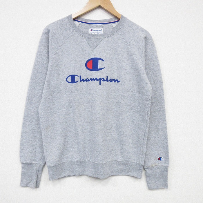 M★古着 チャンピオン champion 長袖 スウェット メンズ ビッグロゴ クルーネック 薄グレー 霜降り 25oct06 中古 スエット トレーナー トップス