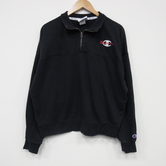 XL★古着 チャンピオン champion 長袖 ハーフジップ トップス メンズ ワンポイントロゴ 黒 ブラック 25oct30 中古 スエット トレーナー