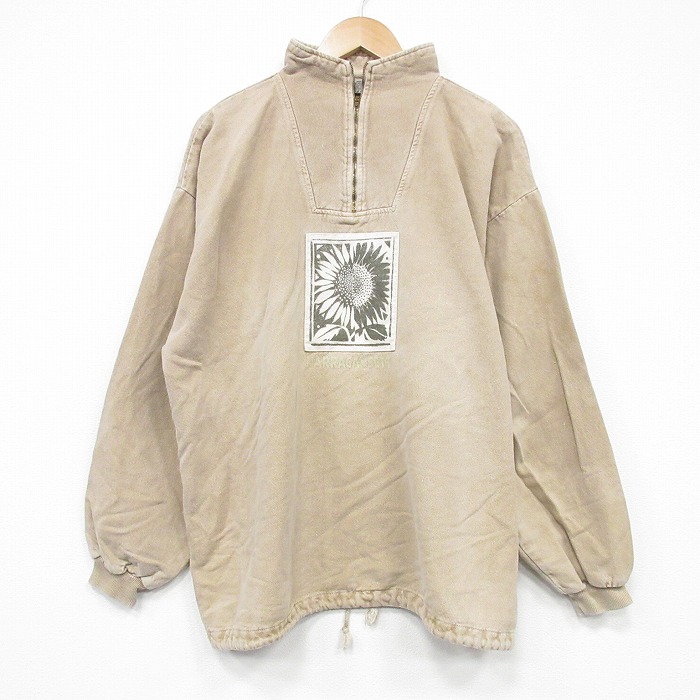 XL★古着 長袖 ハーフジップ スウェット メンズ 90年代 90s ヒマワリ 大きいサイズ コットン USA製 ベージュ カーキ 25oct30 中古 スエット トレーナー トップス
