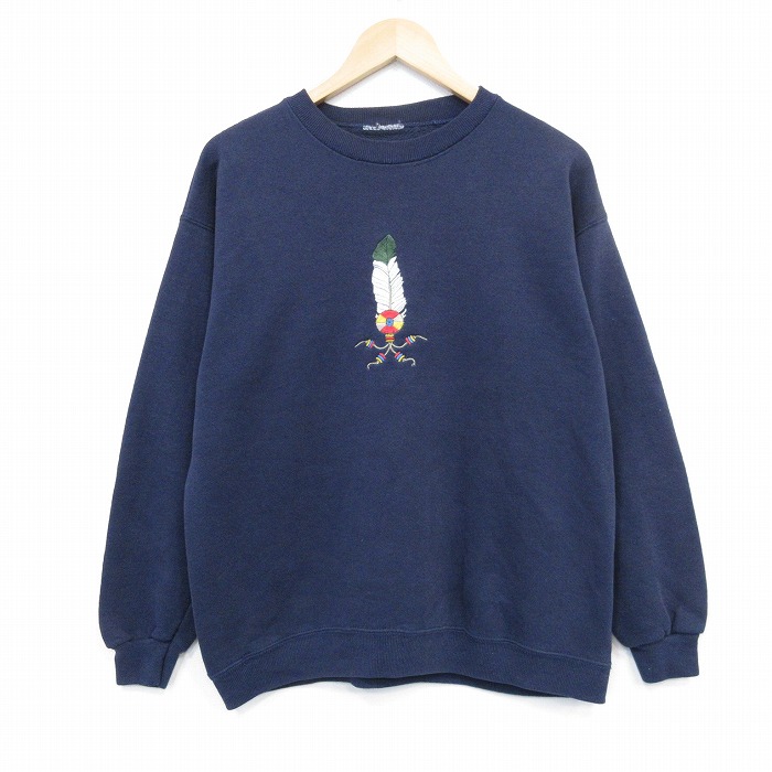 M★古着 長袖 スウェット メンズ 00年代 00s フェザー 刺繍 クルーネック 紺 ネイビー 25oct11 中古 スエット トレーナー トップス