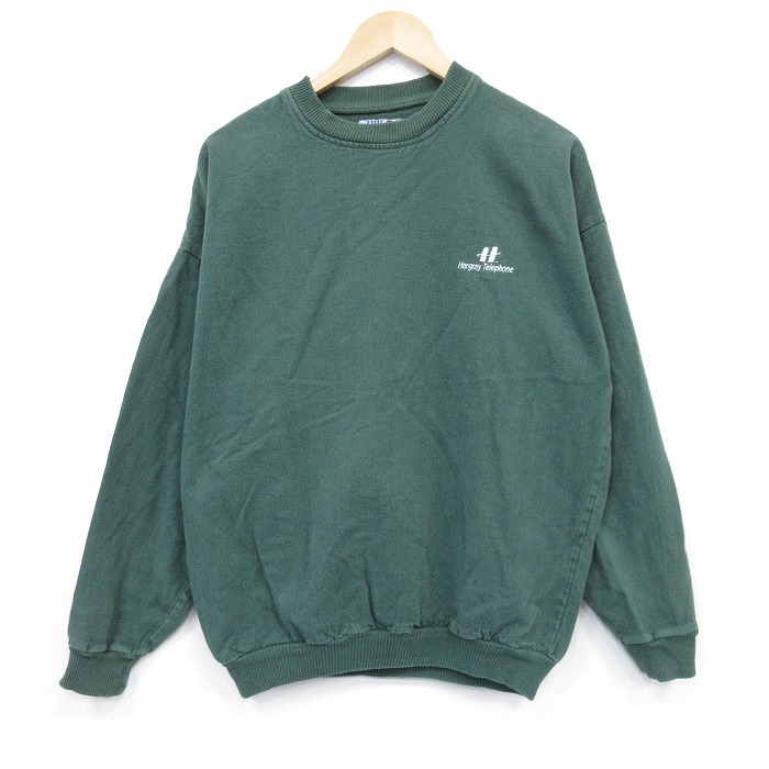 XL★古着 長袖 スウェット メンズ 90年代 90s H コットン クルーネック USA製 緑 グリーン 25oct11 中古 スエット トレーナー トップス
