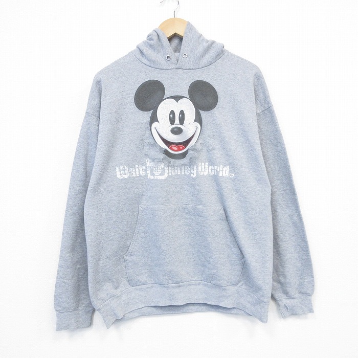 L★古着 ヘインズ Hanes 長袖 スウェット パーカー メンズ ディズニー DISNEY ミッキー両面プリント グレー 霜降り 25oct11 中古 スエット トレーナー トップス