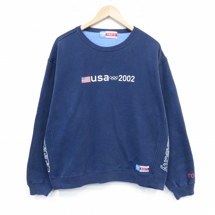XL★古着 ROOTS 長袖 スウェット メンズ 00年代 00s USA オリンピックチーム 大きいサイズ クルーネック 紺 ネイビー 25oct11 中古 スエット トレーナー トップス