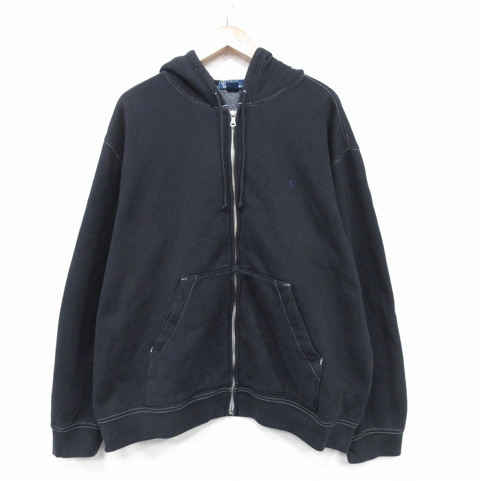 XL★古着 ラルフローレン Ralph Lauren 長袖 ブランド フルジップ スウェット パーカー メンズ 90年代 90s ワンポイントロゴ 大きいサイズ 黒 ブラック フード内側サーマル 【spe】 25oct11 中古 スエット トレーナー トップス