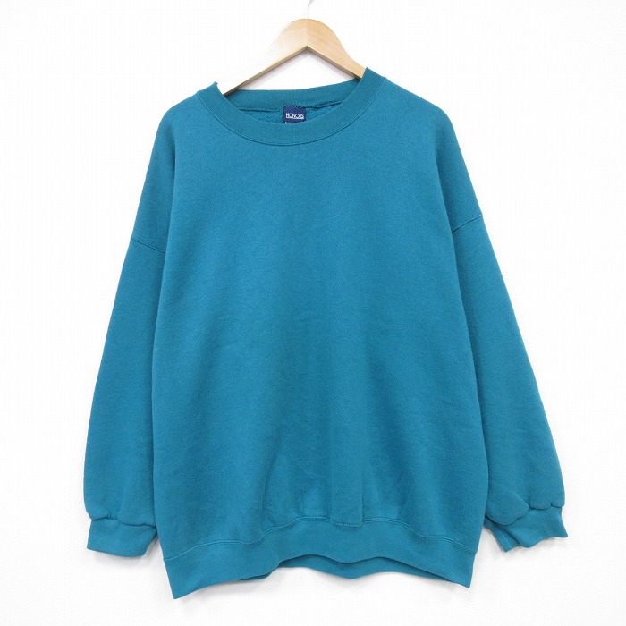 XL★古着 長袖 スウェット メンズ 90年代 90s 無地 大きいサイズ クルーネック 青緑 25oct11 中古 スエット トレーナー トップス