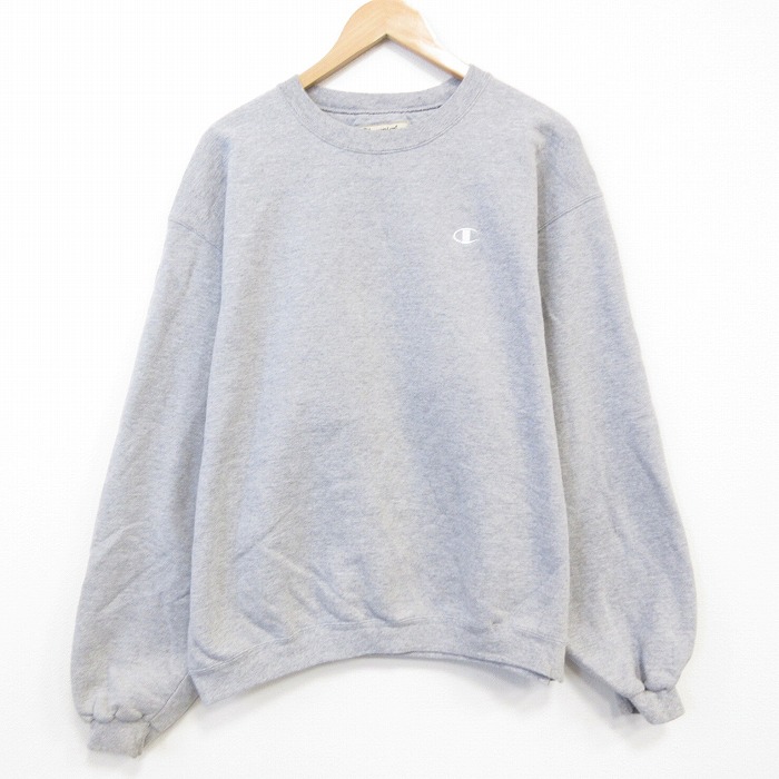 XL★古着 チャンピオン champion 長袖 スウェット メンズ 00年代 00s ワンポイントロゴ 大きいサイズ クルーネック グレー 霜降り 25oct08 中古 スエット トレーナー トップス