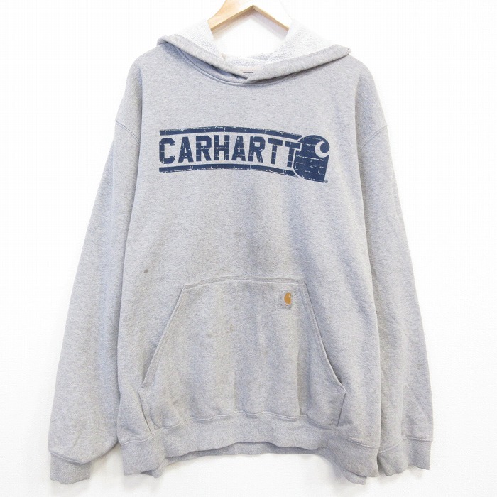 XL★古着 カーハート Carhartt 長袖 スウェット パーカー メンズ ビッグロゴ 大きいサイズ グレー 霜降り 25oct08 中古 スエット トレーナー トップス
