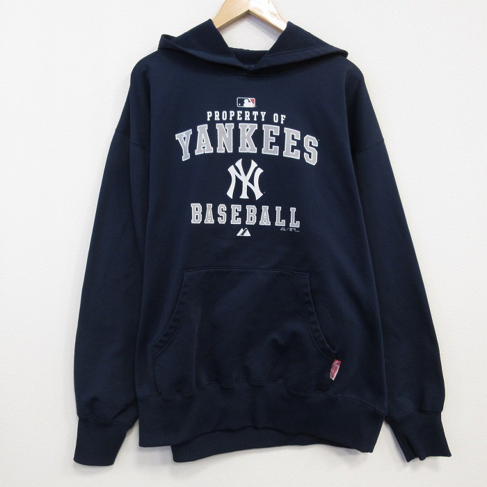 XL★古着 長袖 スウェット パーカー メンズ 00年代 00s MLB ニューヨークヤンキース 大きいサイズ 紺 ネイビー メジャーリーグ ベースボール 野球 25oct08 中古 スエット トレーナー トップス