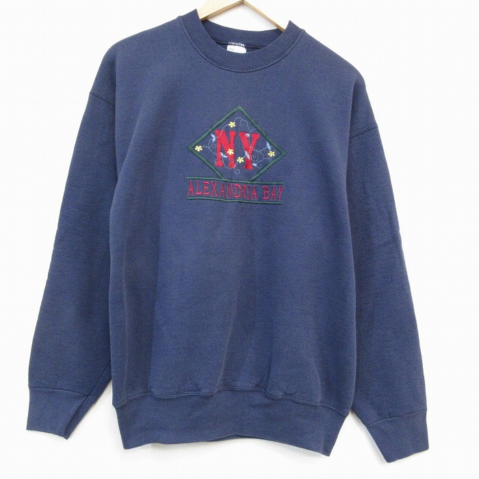 L★古着 フルーツオブザルーム 長袖 スウェット メンズ 00年代 00s NY 刺繍 クルーネック 紺 ネイビー 25oct21 中古 スエット トレーナー トップス