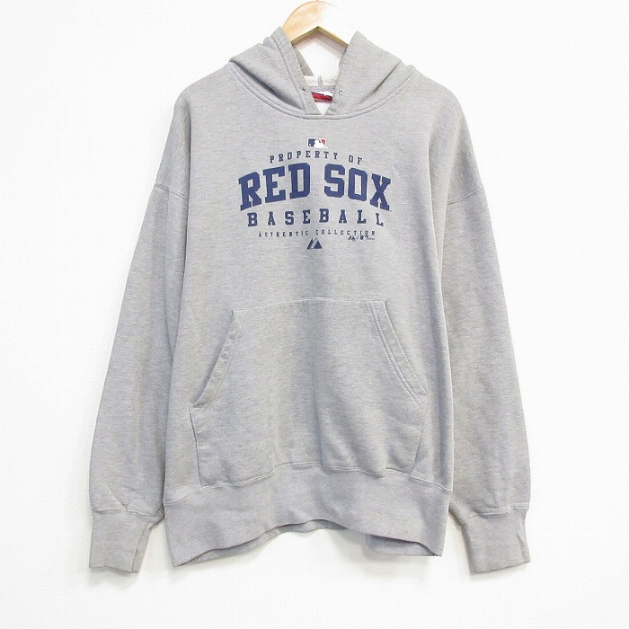 XL★古着 マジェスティック 長袖 スウェット パーカー メンズ 00年代 00s MLB ボストンレッドソックス 大きいサイズ グレー 霜降り メジャーリーグ ベースボール 野球 25oct21 中古 スエット トレーナー トップス