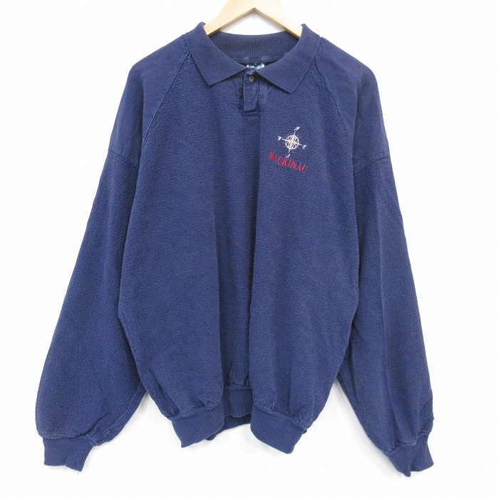 XL★古着 WEK 長袖 トップス メンズ 90年代 90s MACKINAC 大きいサイズ コットン 襟付き USA製 紺 ネイビー 25oct09 中古 スエット トレーナー
