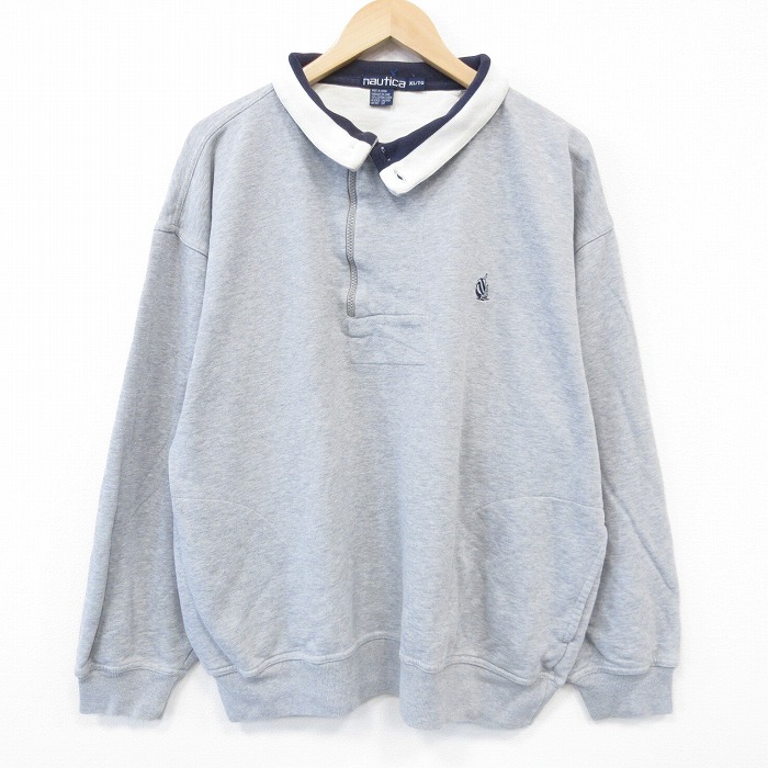 XL★古着 ノーティカ NAUTICA 長袖 ブランド ハーフジップ トップス メンズ 90年代 90s ワンポイントロゴ 大きいサイズ コットン 襟付き グレー 霜降り 25oct27 中古 スエット トレーナー