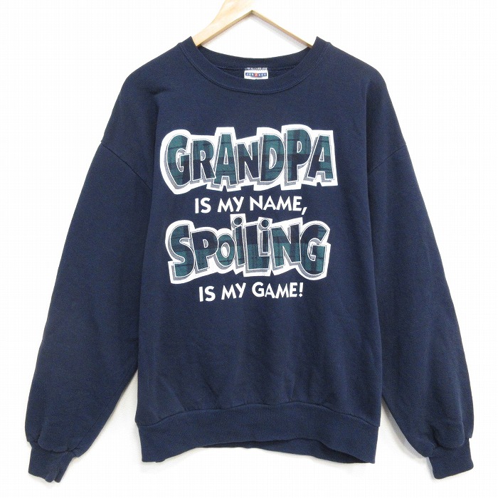 XL★古着 ジャージーズ 長袖 スウェット メンズ 90年代 90s メッセージ クルーネック USA製 紺 ネイビー 25oct29 中古 スエット トレーナー トップス
