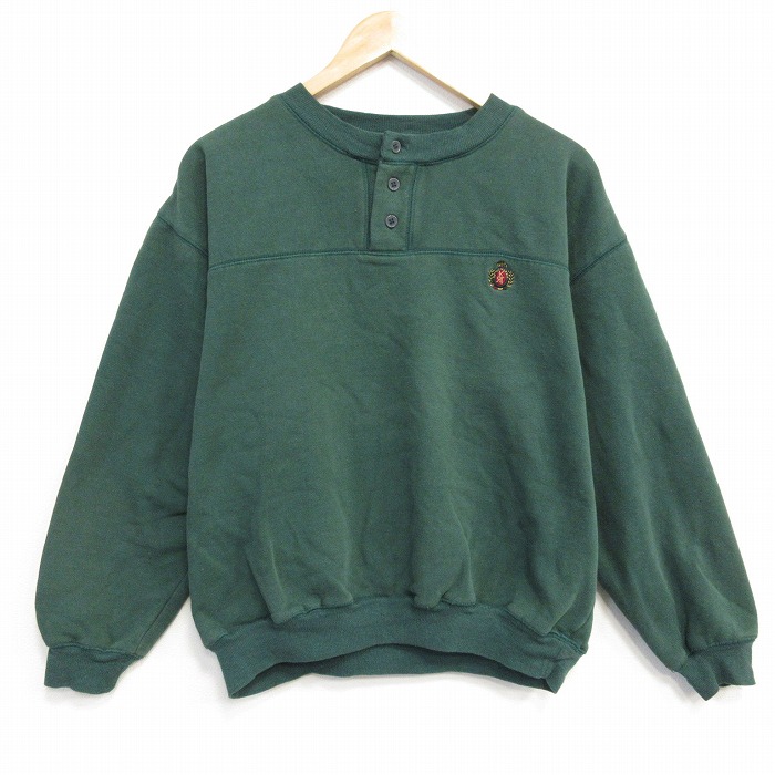 L★古着 長袖 スウェット メンズ 90年代 90s ワンポイントロゴ ヘンリーネック 緑 グリーン 25oct29 中古 スエット トレーナー トップス