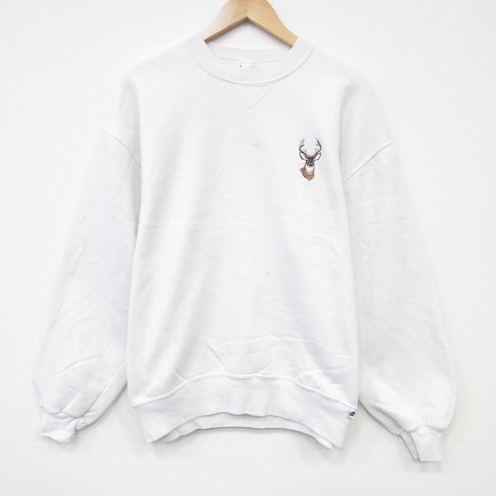 【20%OFF】L★古着 ラッセル 長袖 スウェット メンズ 90年代 90s シカ クルーネック USA製 白 ホワイト 25oct29 中古 スエット トレーナー トップス