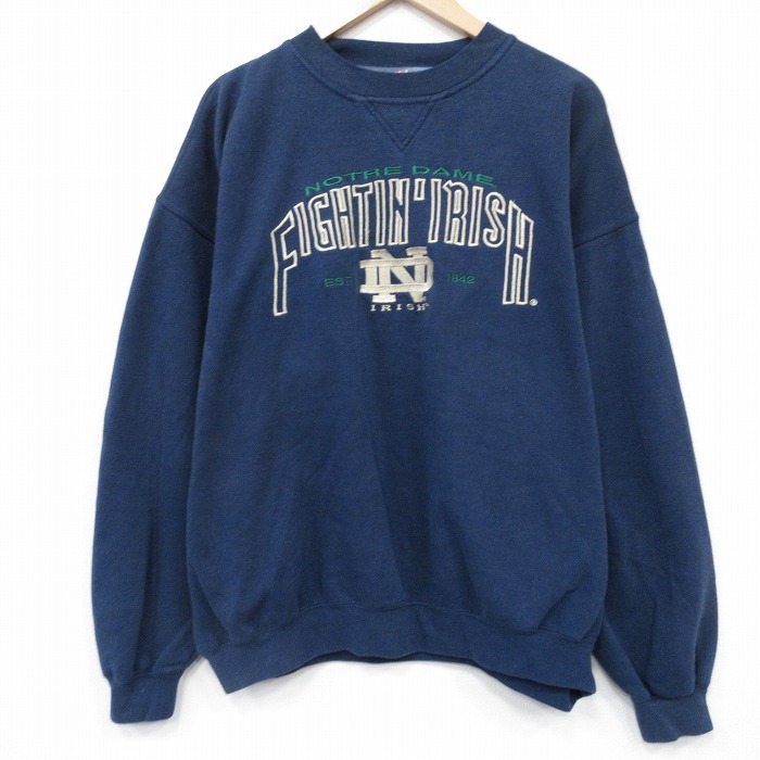XL★古着 長袖 スウェット メンズ 90年代 90s ノートルダム 大きいサイズ クルーネック 紺 ネイビー 25oct29 中古 スエット トレーナー トップス