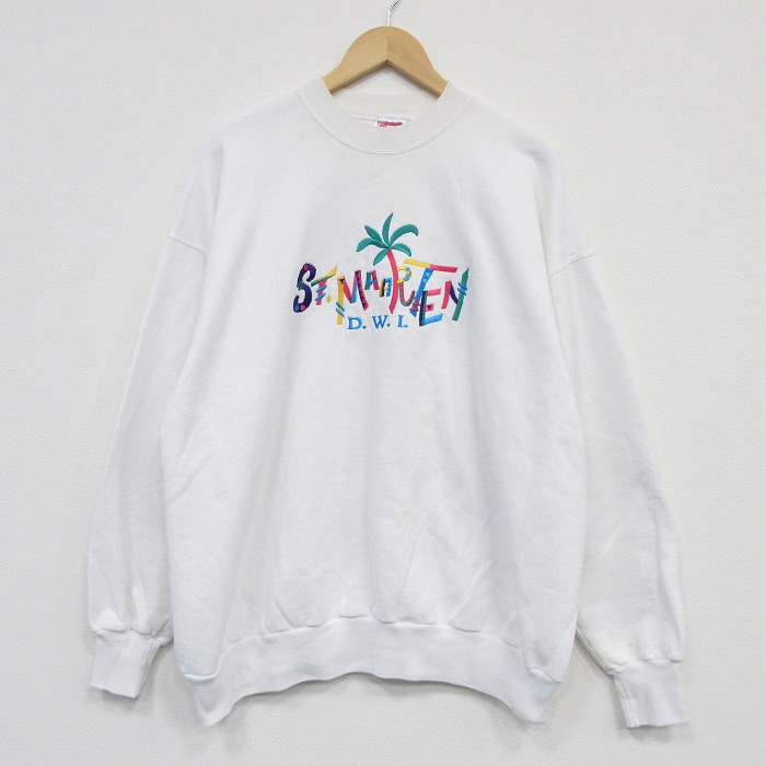 XL★古着 ヘインズ Hanes 長袖 スウェット メンズ 00年代 00s ヤシの木 刺繍 大きいサイズ クルーネック 白 ホワイト 25oct31 中古 スエット トレーナー トップス