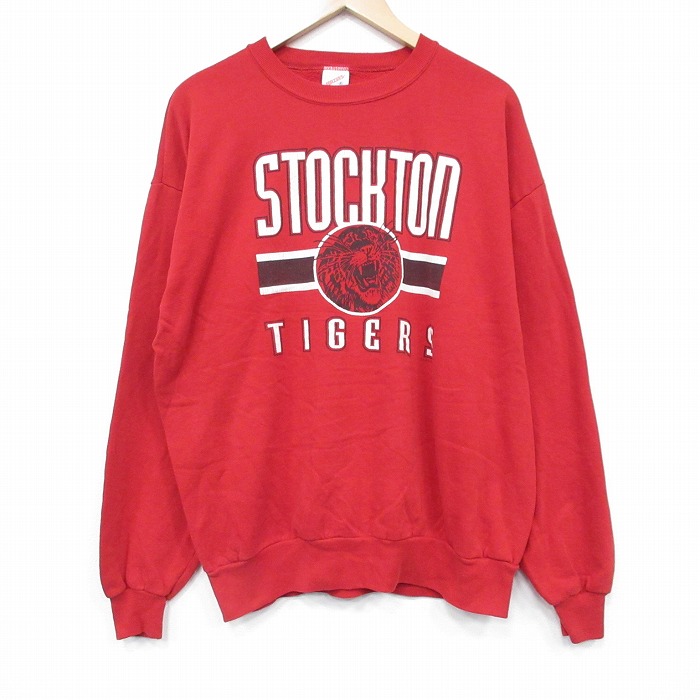 XL★古着 ジャージーズ 長袖 スウェット メンズ 90年代 90s タイガース クルーネック USA製 赤 レッド 25nov05 中古 スエット トレーナー トップス