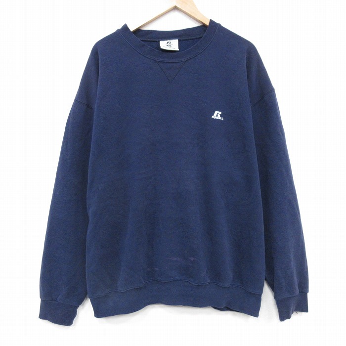 XL★古着 ラッセル 長袖 スウェット メンズ ワンポイントロゴ 大きいサイズ クルーネック 紺 ネイビー 25nov01 中古 スエット トレーナー トップス